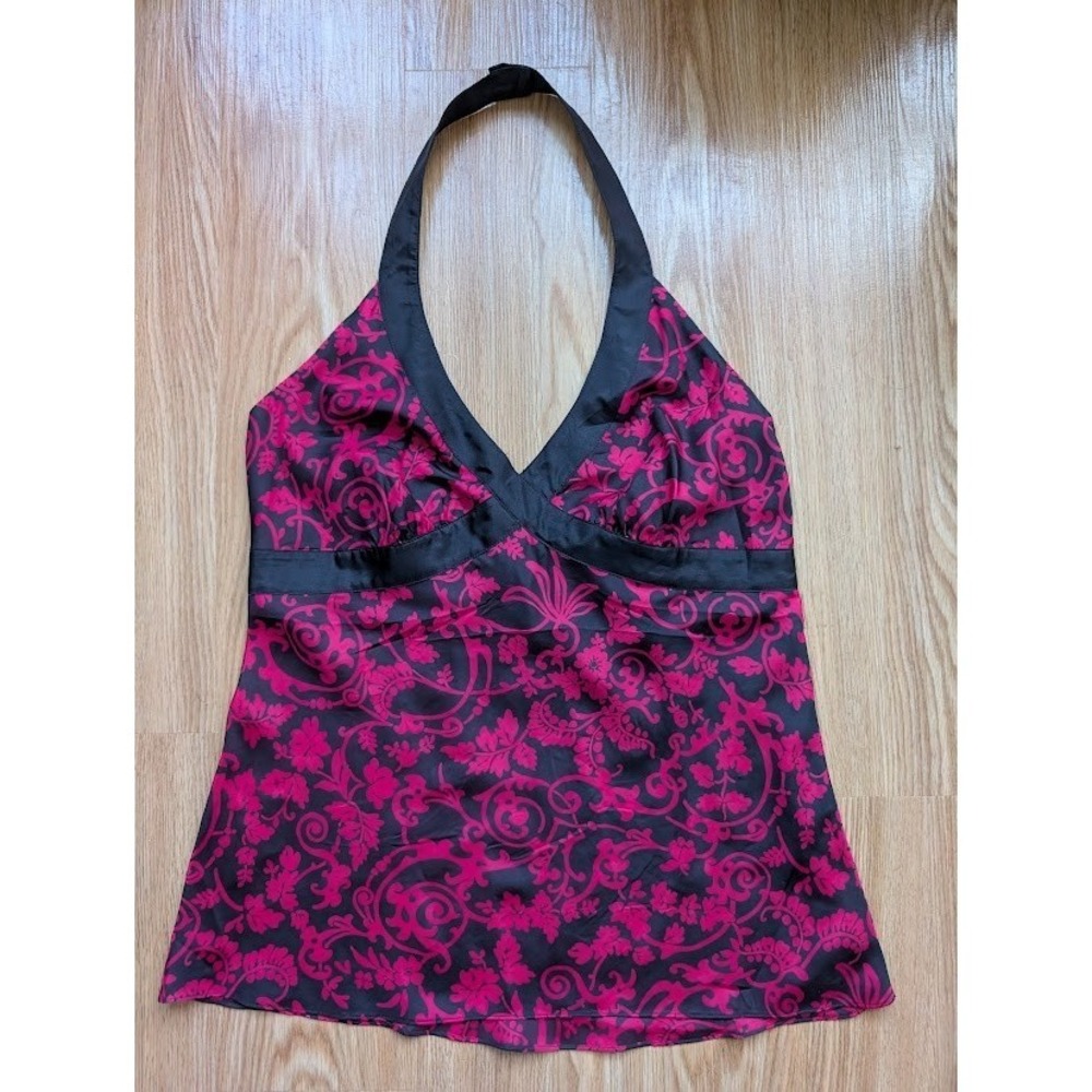 NWT vintage y2k 100% silk halter top L whimsygoth black red floral Express goth